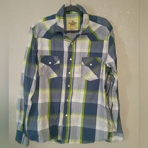 PREOWNED Blue and Green Plaid Button-Up Shirt